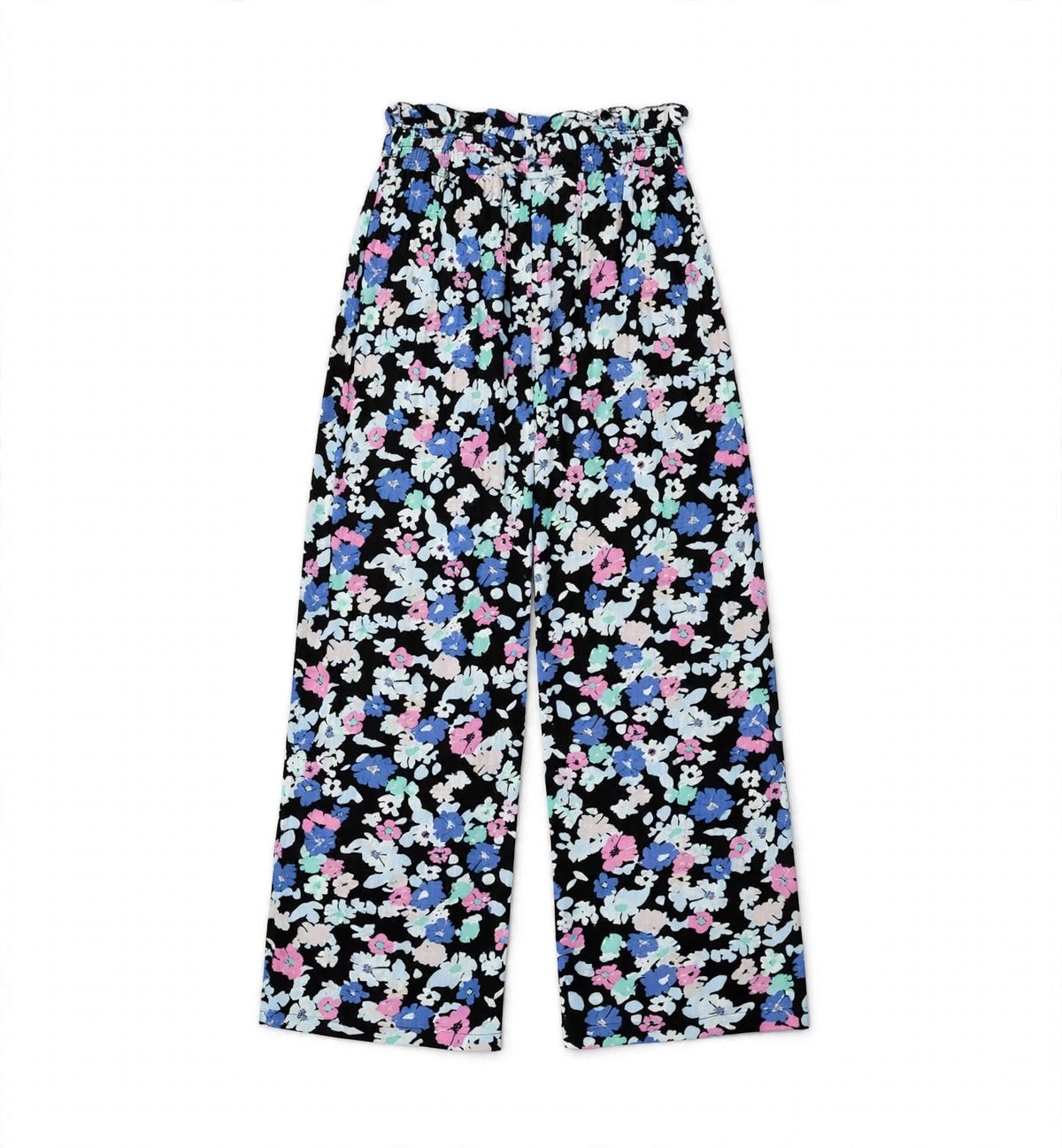 Black palazzo pants with a multicolour painterly floral print and paperbag waist