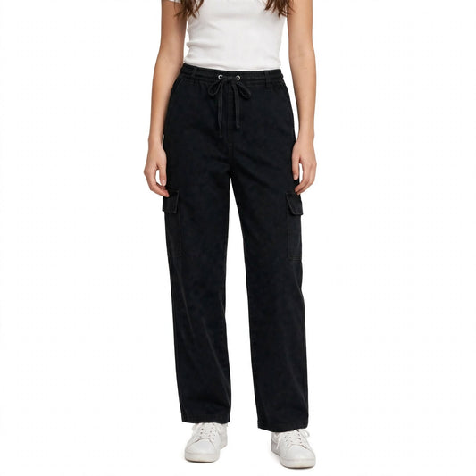 Washed Drawstring Cargo Pants – Black