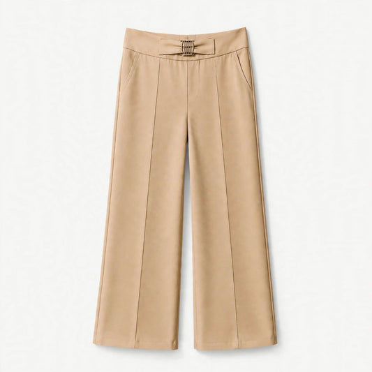 Camel wide-leg culottes with a buckled tab across the front waistband