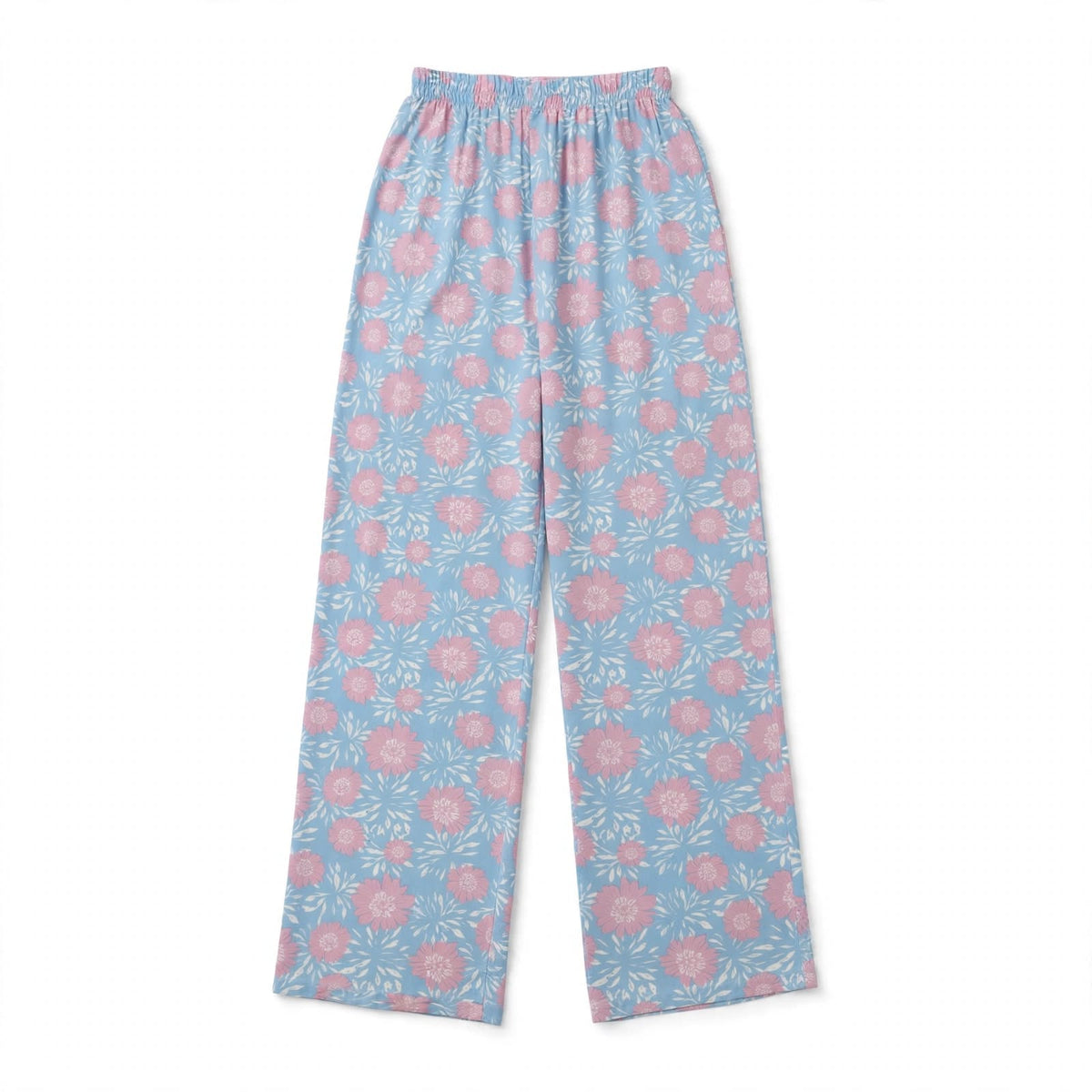 Powder blue palazzo pants with a large pink blossom print