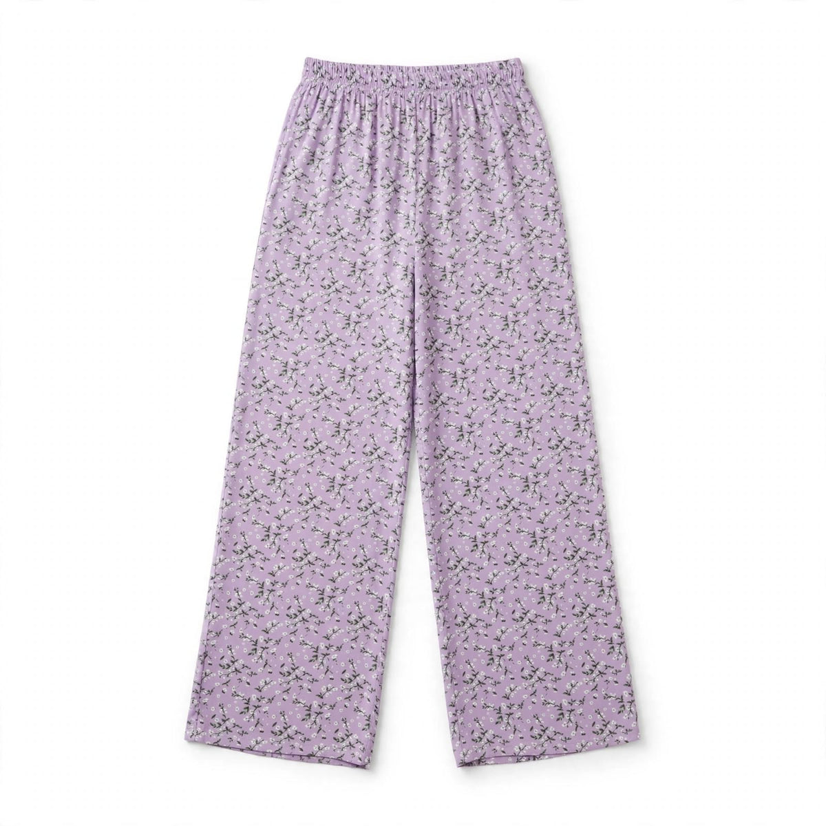 Lilac wide-leg palazzo pants with a white blossom print and elastic waist