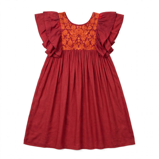Girls' maroon dress with an orange paisley embroidered yoke and layered ruffle sleeves