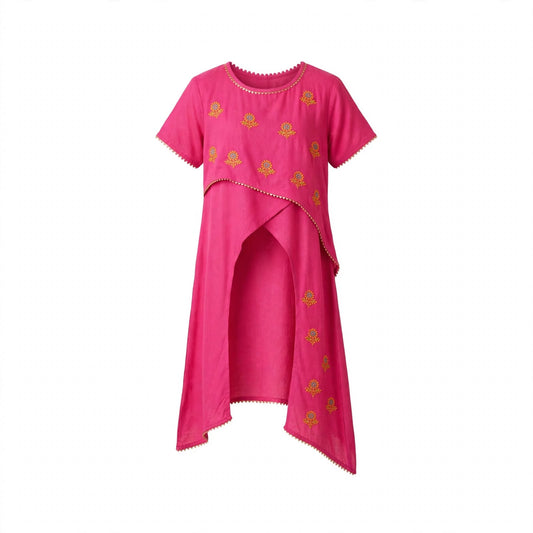 Girls' fuchsia layered kurti with marigold embroidery, handkerchief hem and pom-pom trim