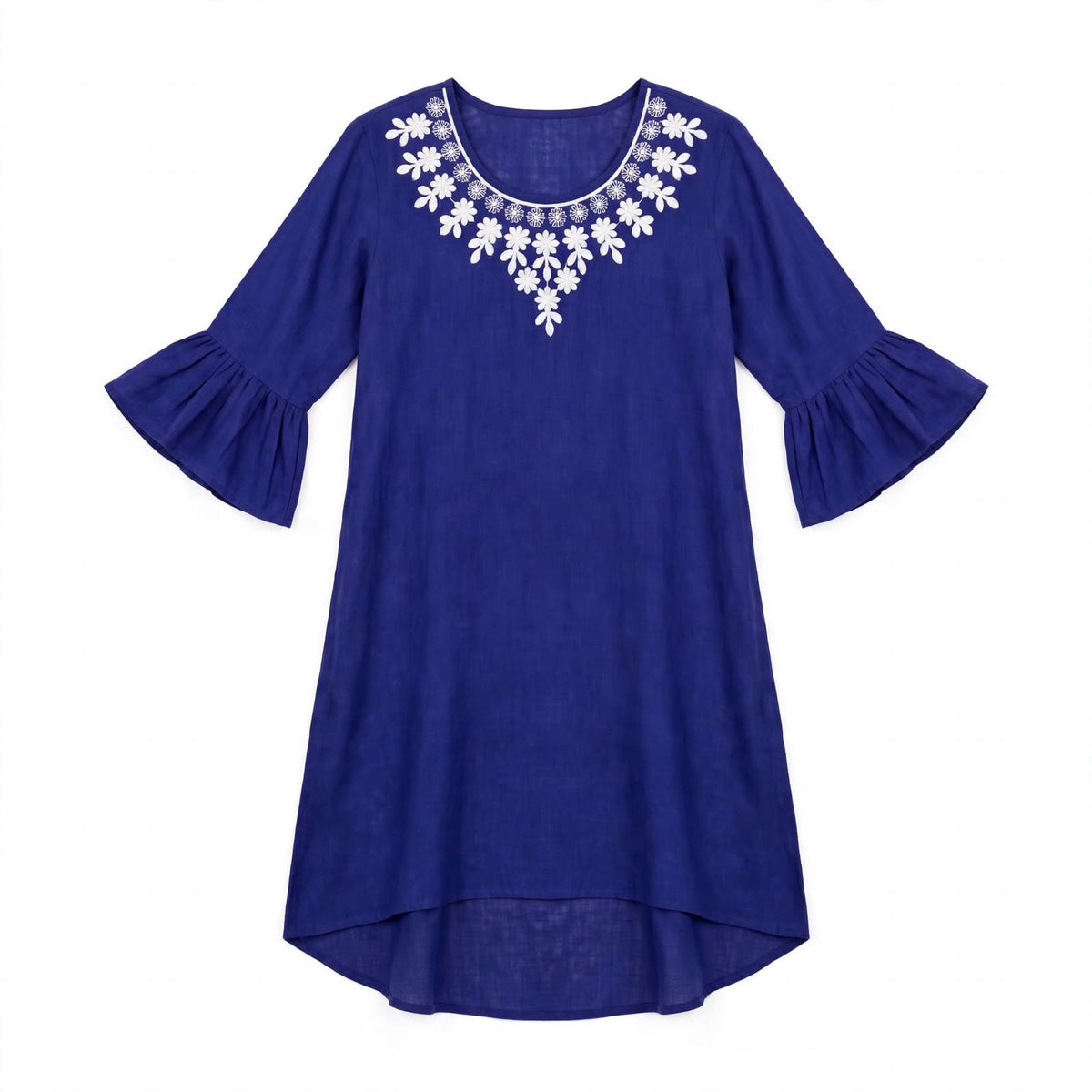 Girls' royal blue tunic dress with white neckline embroidery and ruffled bell sleeves
