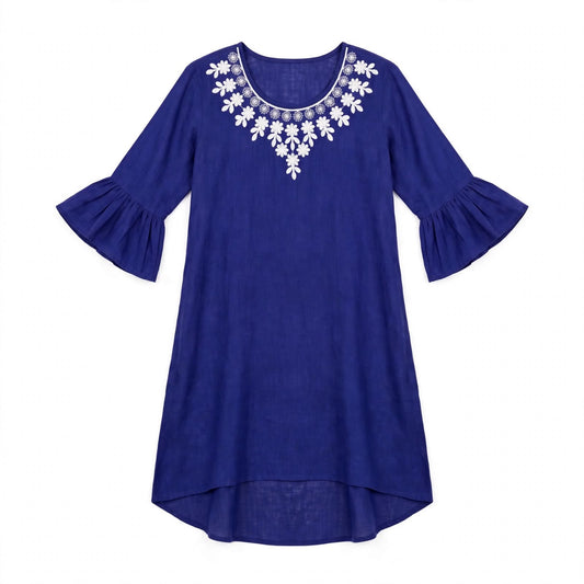 Girls' royal blue tunic dress with white neckline embroidery and ruffled bell sleeves