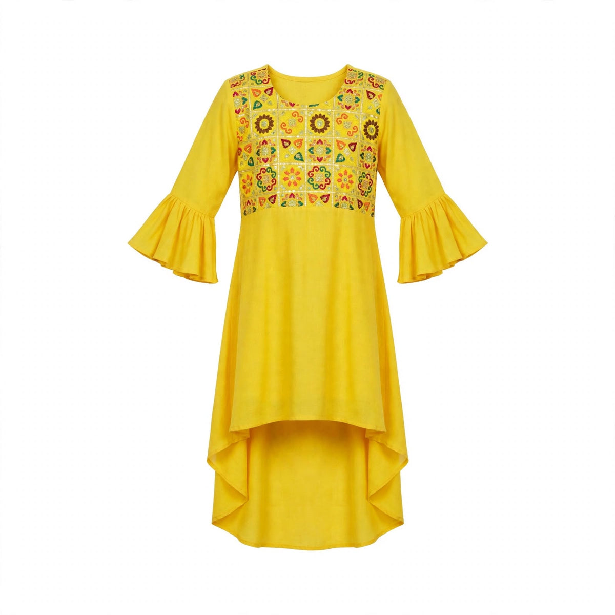 Girls' yellow kurti with a mirror work embroidered yoke, bell sleeves and high-low hem
