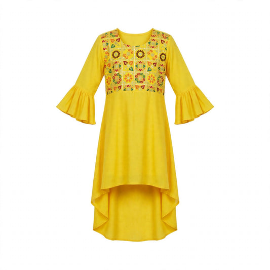 Girls' yellow kurti with a mirror work embroidered yoke, bell sleeves and high-low hem
