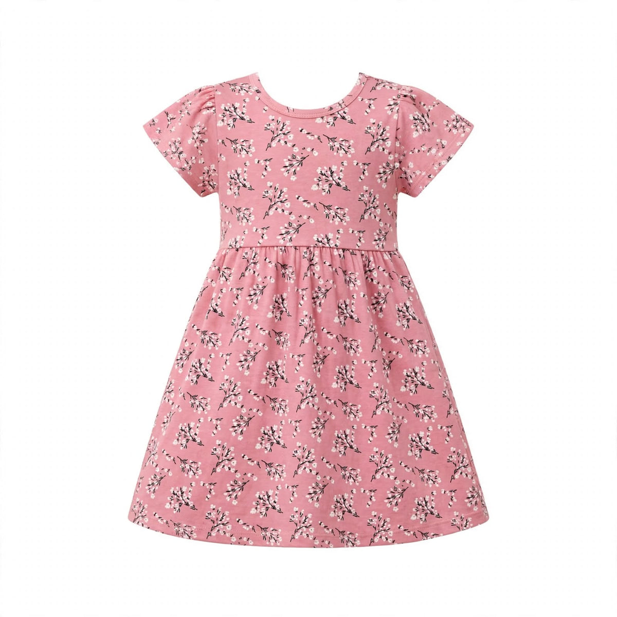 Girls' dusty pink jersey dress with a white blossom print and flutter sleeves