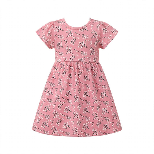 Girls' dusty pink jersey dress with a white blossom print and flutter sleeves