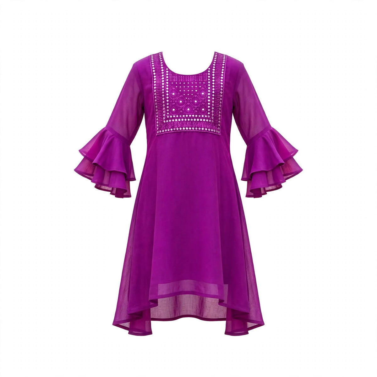 Girls' purple kurti with a mirror work square yoke and double ruffle bell sleeves