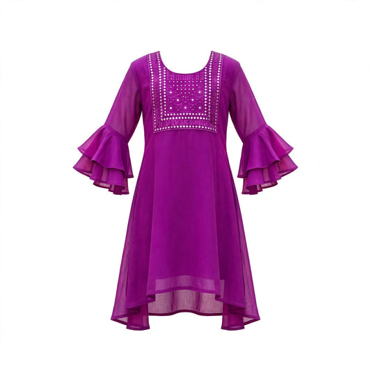 Girls' purple kurti with a mirror work square yoke and double ruffle bell sleeves