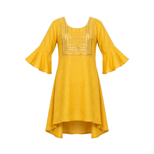 Girls' mustard kurti with a mirror work square yoke, bell sleeves and high-low hem
