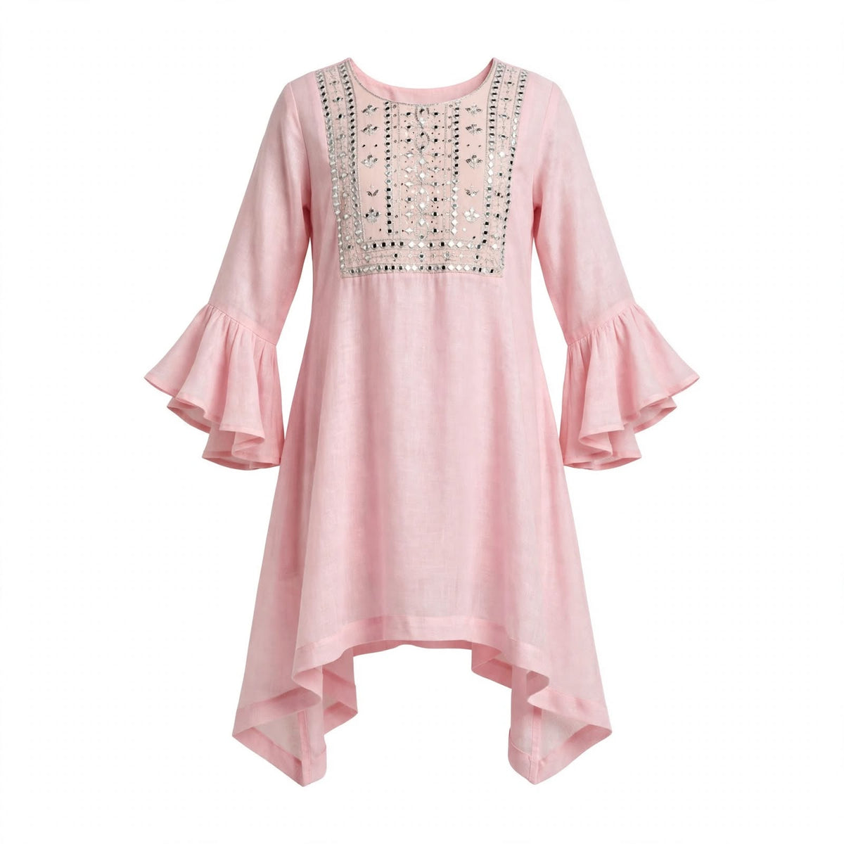Girls' blush pink kurti with a silver mirror work square yoke and handkerchief hem