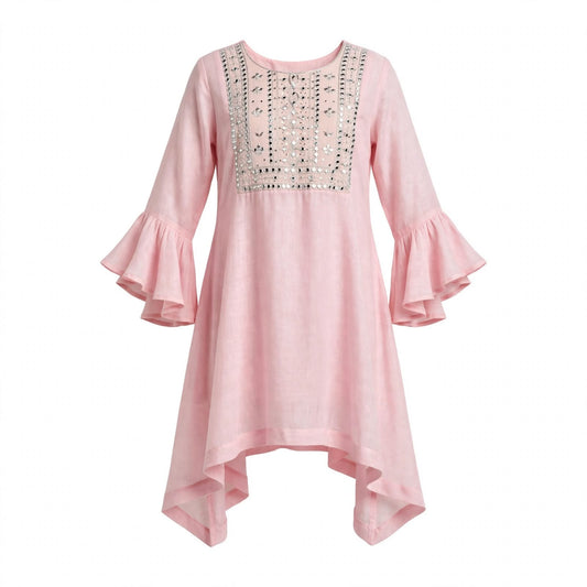 Girls' blush pink kurti with a silver mirror work square yoke and handkerchief hem