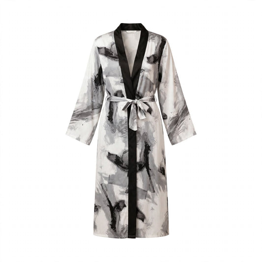 Long satin kimono robe with black and white abstract brushstroke print and tie belt