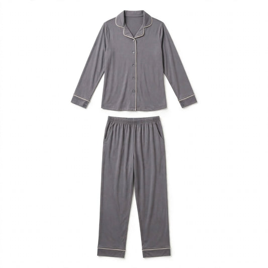 Charcoal grey pyjama set with cream piping, button-through shirt and elastic waist trousers