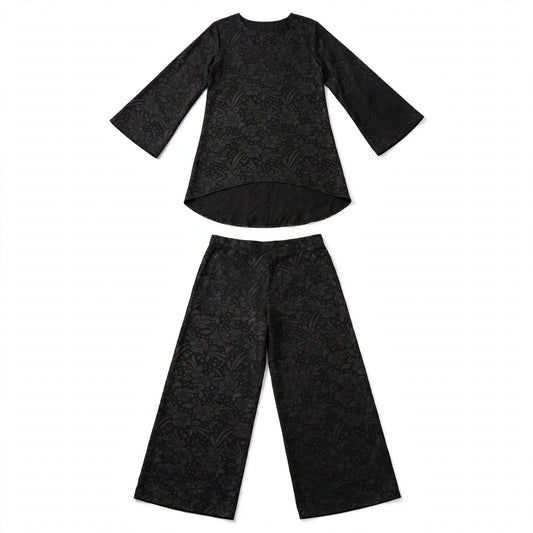 Black floral jacquard tunic and matching wide-leg trouser set