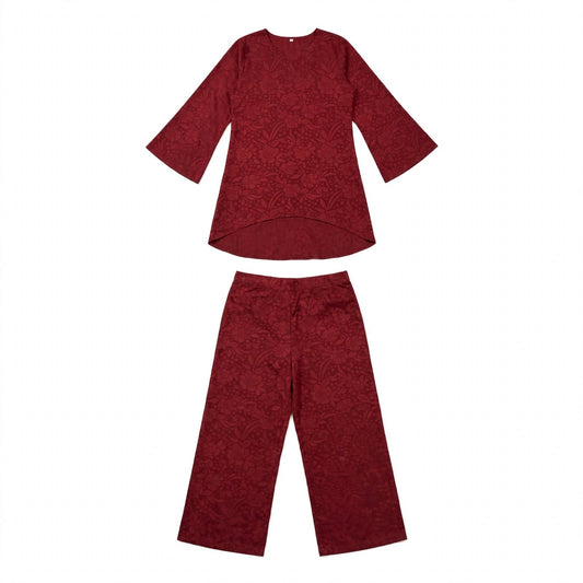 Deep red floral jacquard tunic and matching wide-leg trouser set