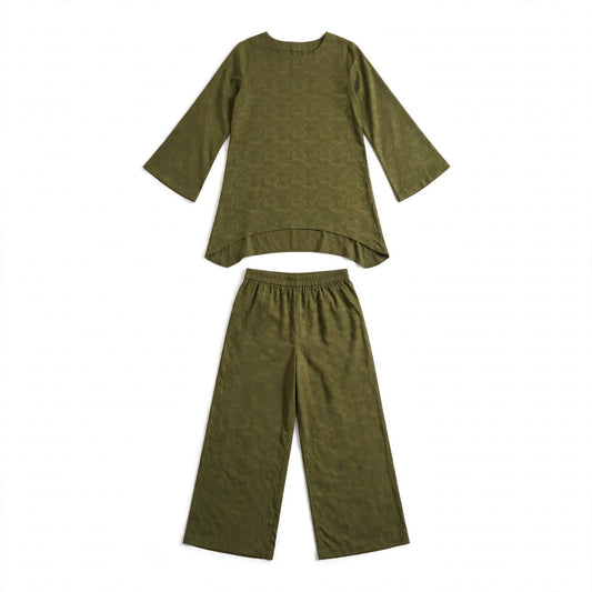 Olive green floral jacquard tunic and matching wide-leg trouser set