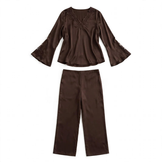 Chocolate brown satin two-piece set with lace trim V-neck top and straight-leg trousers