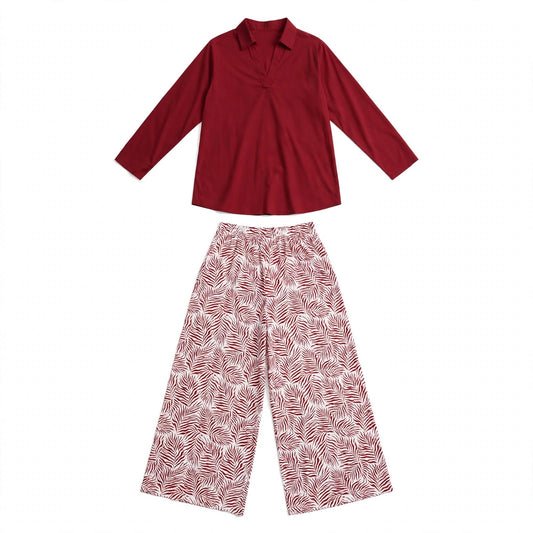 Maroon collared tunic with red and white leaf print wide-leg trousers