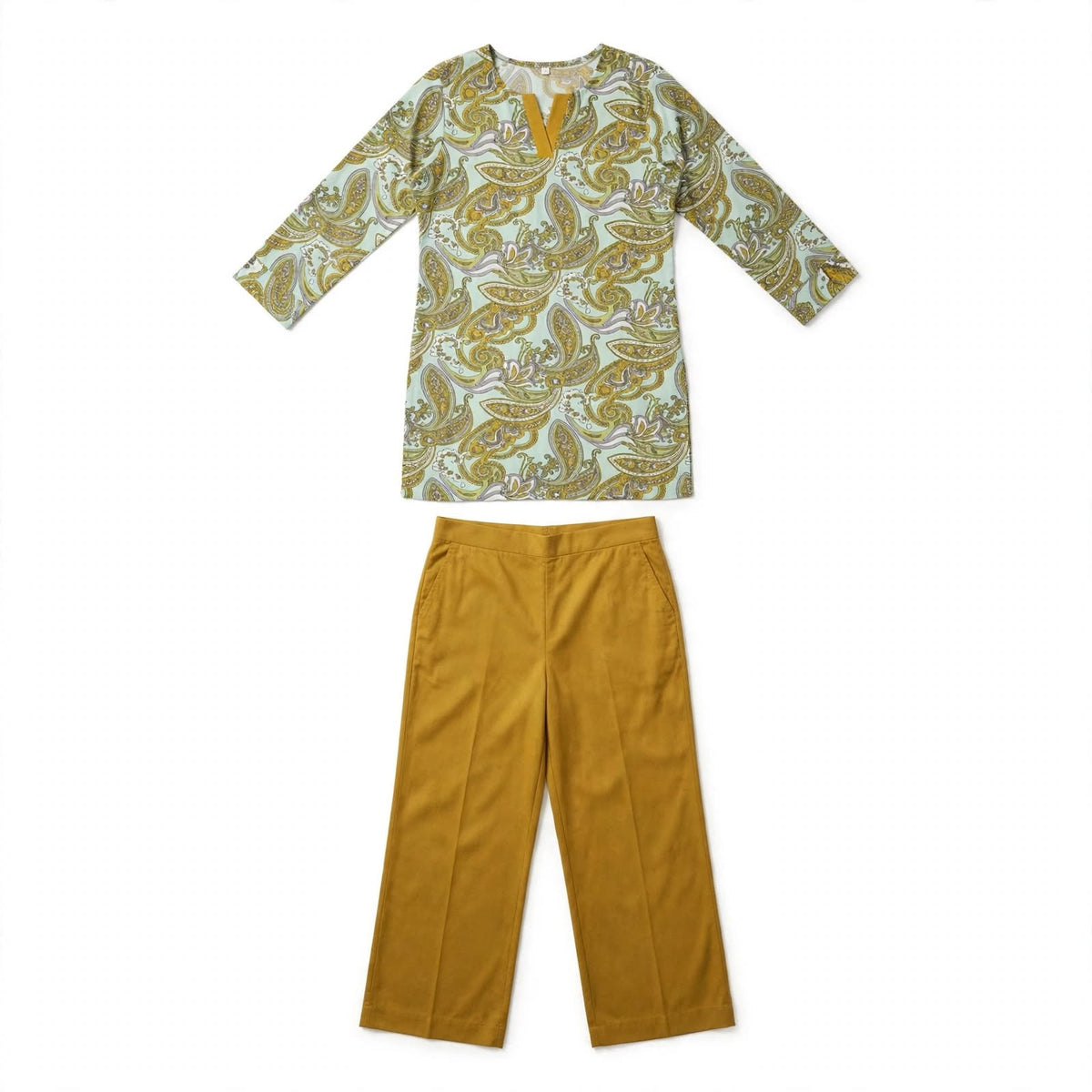 Mint paisley print tunic with mustard wide-leg trousers, two-piece set