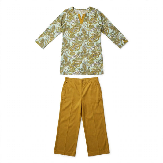 Mint paisley print tunic with mustard wide-leg trousers, two-piece set
