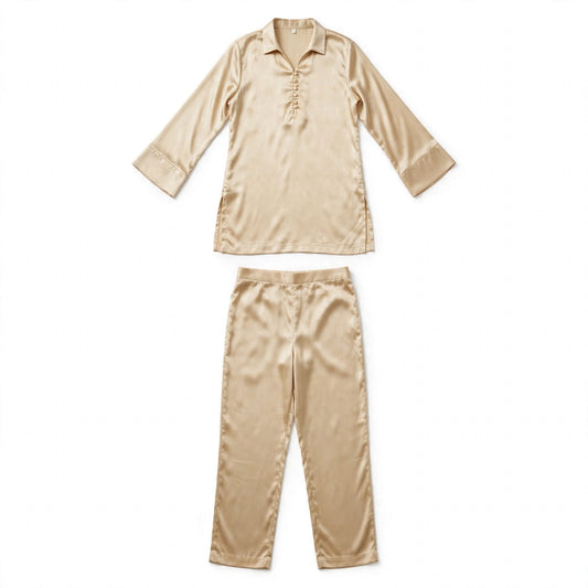 Champagne satin two-piece set with a collared button tunic and straight-leg trousers
