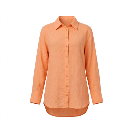 Orange crinkle cotton oversized shirt with collared button front