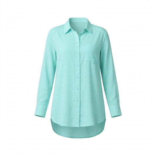 Mint green long shirt with chest pocket and high-low hem