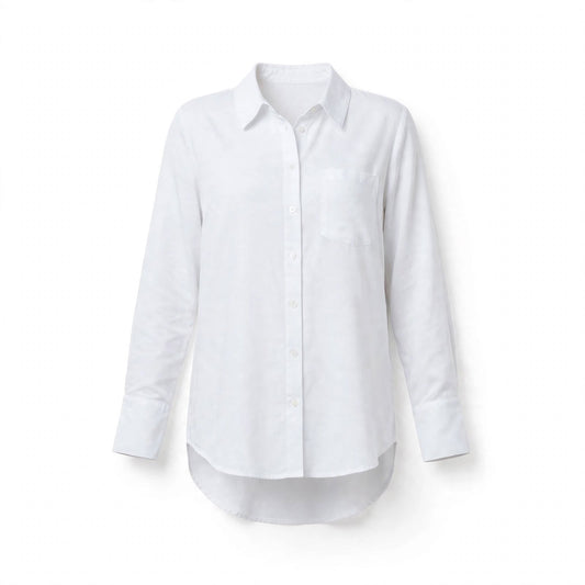 White long shirt with chest pocket and curved high-low hem