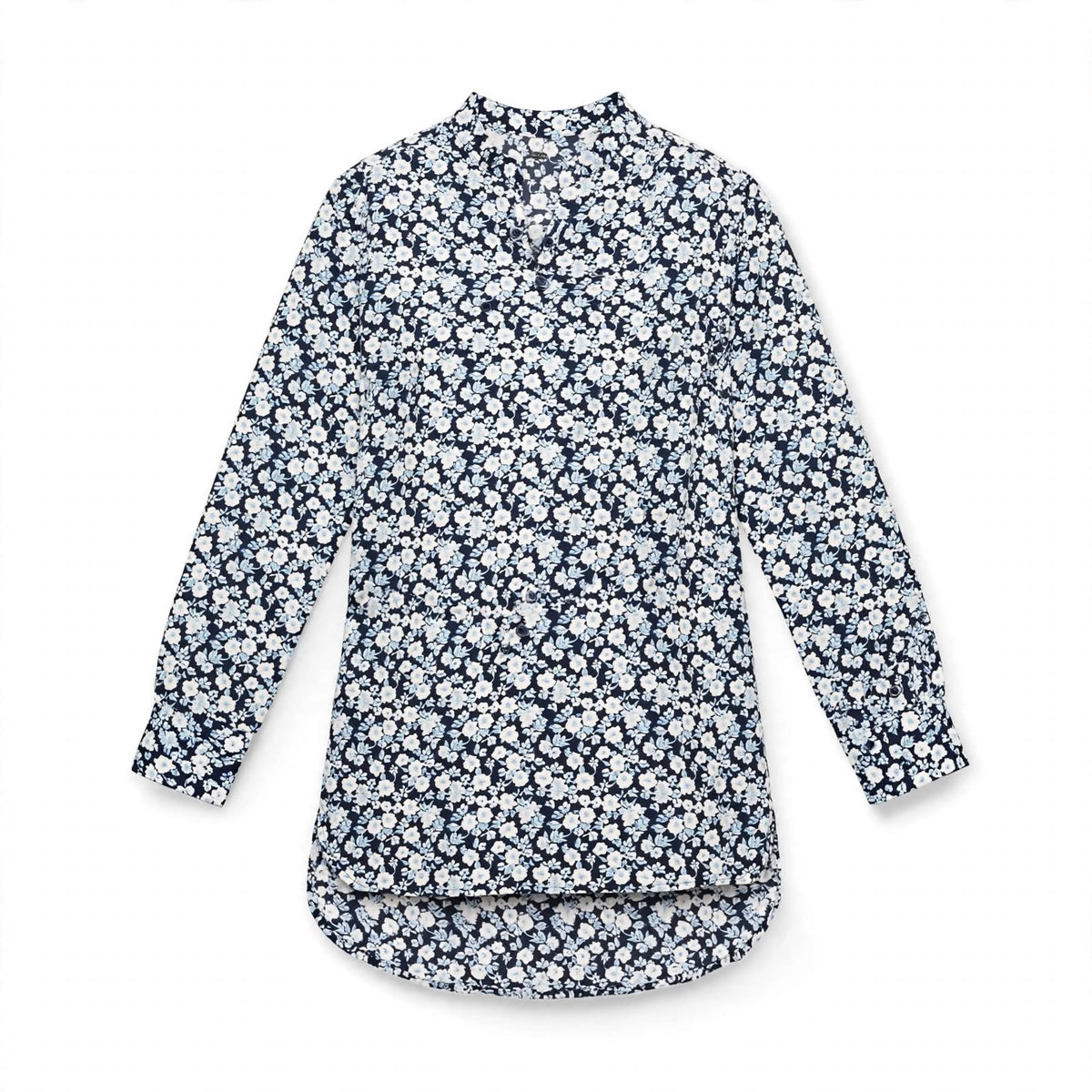 Navy ditsy floral tunic shirt with mandarin collar and high-low hem