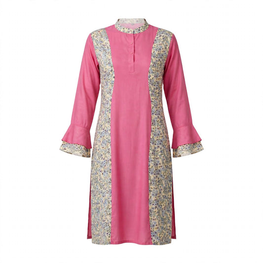 Pink kurti with floral side panels, mandarin collar and ruffled bell sleeves