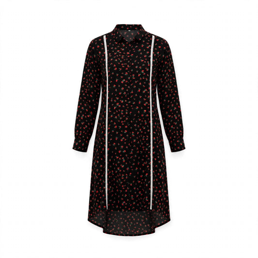 Black red rose print shirt dress with white lace panels and high-low midi hem