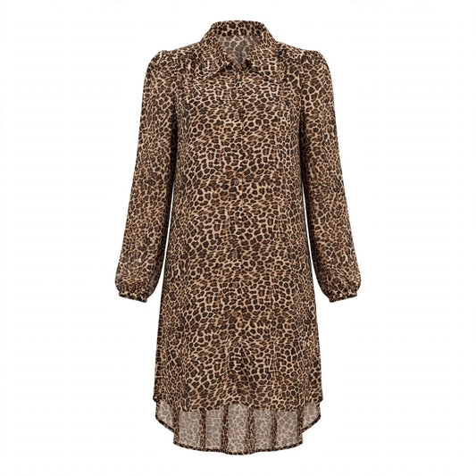 Brown leopard print chiffon shirt dress with collar and high-low hem