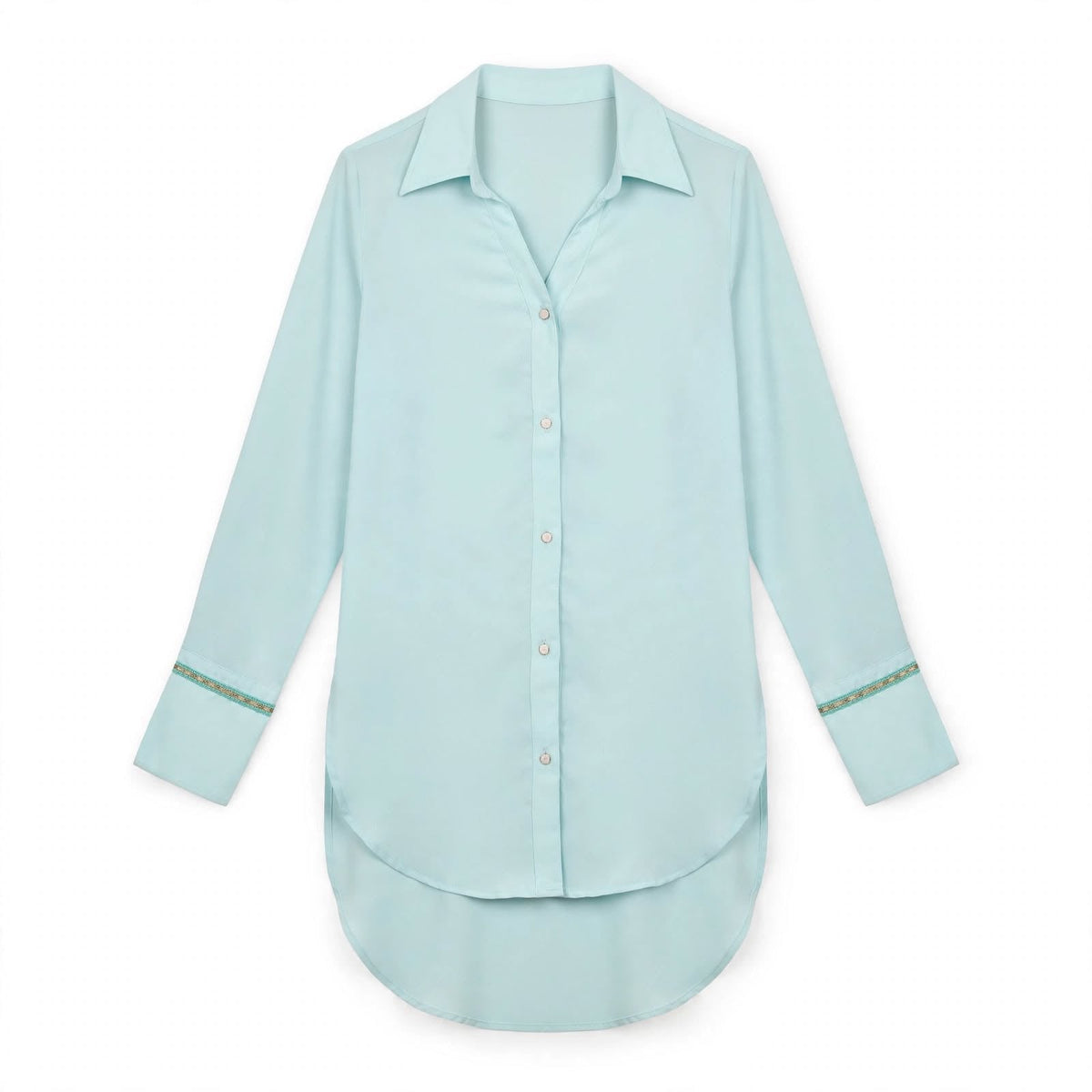 Mint green collared long shirt with gold lace sleeve trim and high-low hem