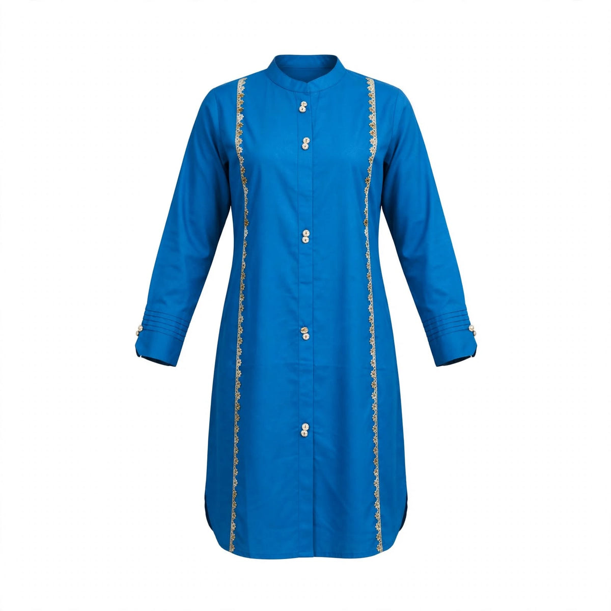 Blue long kurti with gold embroidered borders and pearl buttons