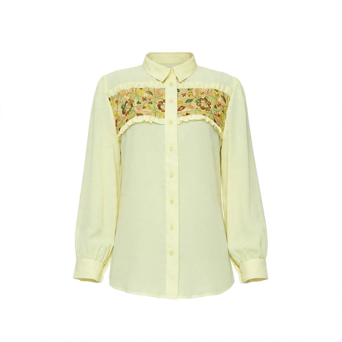 Pale lemon yellow shirt with embroidered floral yoke and ruffle trim