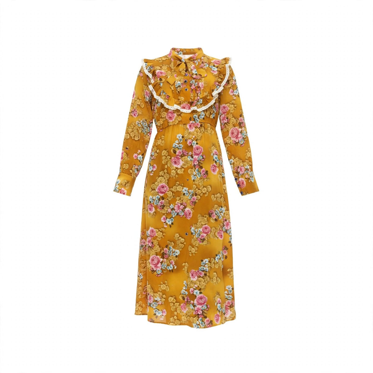 Mustard rose print midi dress with lace ruffle yoke and bow tie collar