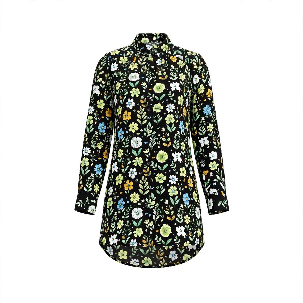 Black long shirt with green and white botanical floral print