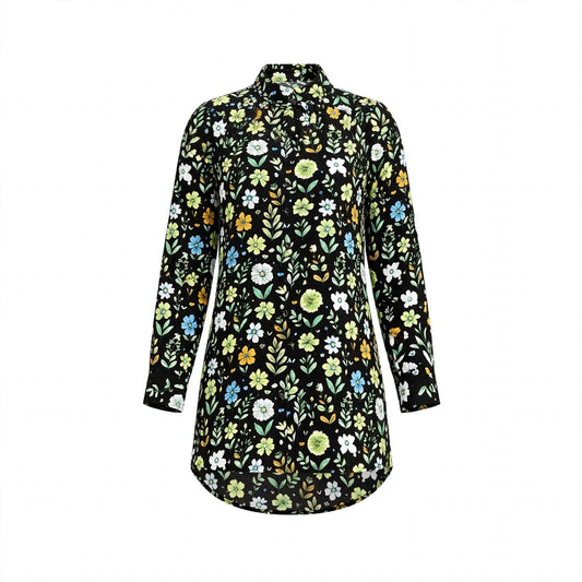 Black long shirt with green and white botanical floral print