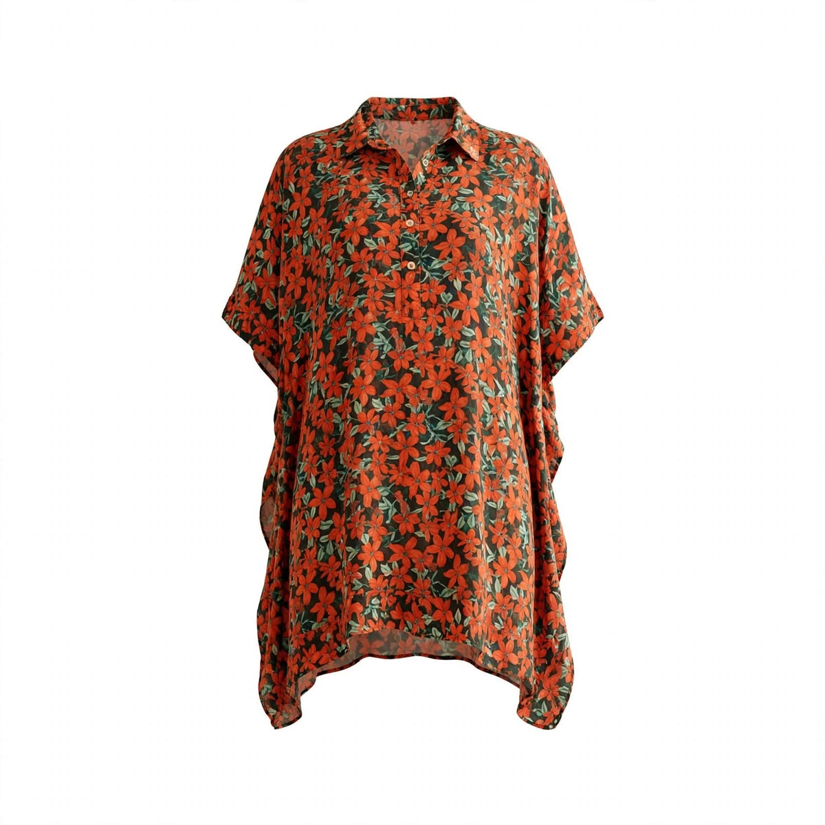 Orange floral kaftan top with collar and draped cape sleeves