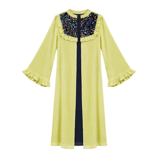 Lime green long shrug with navy sequin yoke and ruffled bell cuffs