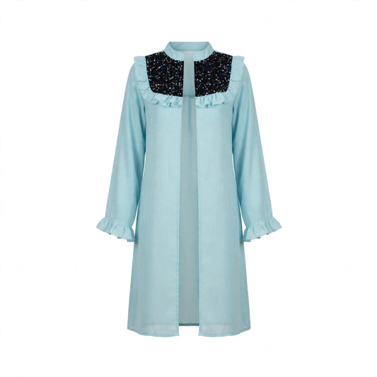 Sky blue open front shrug with multicolour sequin yoke and ruffle trim