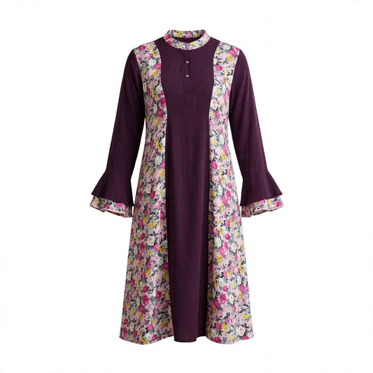 Plum kurti with floral side panels, mandarin collar and ruffled bell cuffs