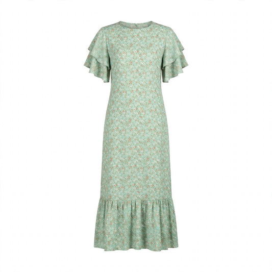 Sage green ditsy floral midi dress with flutter sleeves and frill hem