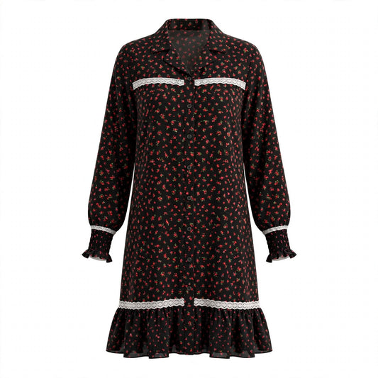 Black red rose print shirt dress with white lace trim and frill hem