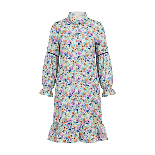 Pale blue watercolour floral shirt dress with ruffle hem and bishop sleeves