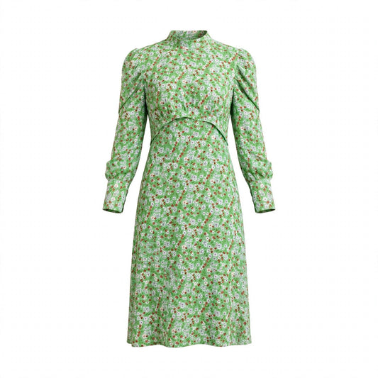 Green ditsy floral midi dress with high mandarin neck and puff sleeves