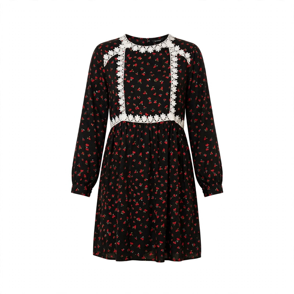 Black dress with red rose print and white daisy lace bib trim